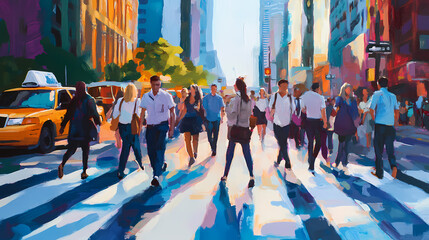 Obraz premium A painting depicting a group of individuals strolling on a city street. Busy Crosswalk. Illustration