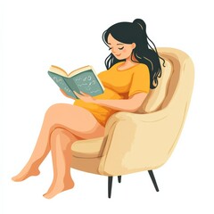 The illustration features a pregnant woman seated in a cozy chair, legs crossed, deeply engaged in reading a baby book. The relaxed setting emphasizes her anticipation and joy