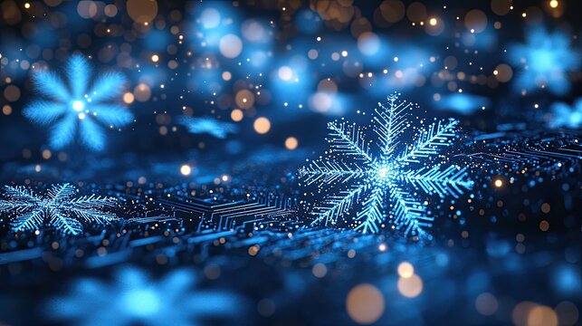 High-tech snowflakes combined with glowing circuit patterns, creating a futuristic winter theme in a blue digital landscape.
