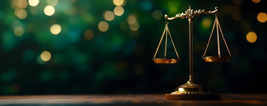 A golden balance scale symbolizing justice, set against a blurred green background with soft bokeh lights, conveying a sense of fairness and legal principles.