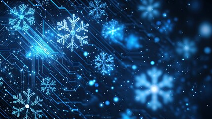 High-tech snowflakes combined with glowing circuit patterns, creating a futuristic winter theme in a blue digital landscape.
