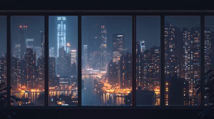 A panoramic shot of a city skyline at night through a window - generative ai. City Skyline. Illustration