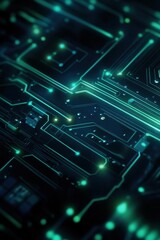 Obraz premium The abstract 3D illustration of a blue and green PCB background with glowing circuits and complex electronic components The detailed design creates a futuristic