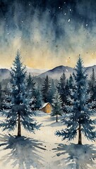 Watercolor Christmas scene with blue trees in a winter landscape.