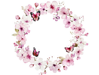 Obraz premium Watercolor Cherry Blossom Wreath with Butterflies