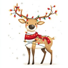 This playful reindeer features a vibrant red scarf and colorful Christmas lights wrapped around its antlers, perfect for spreading holiday cheer