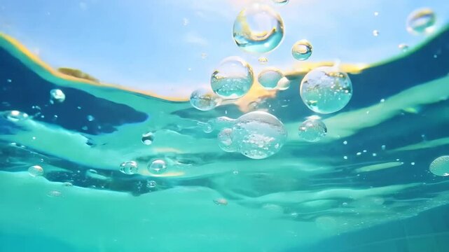 bubbles floating in transparent turquoise clear pool. Multitude of air bubbles rising through clear water