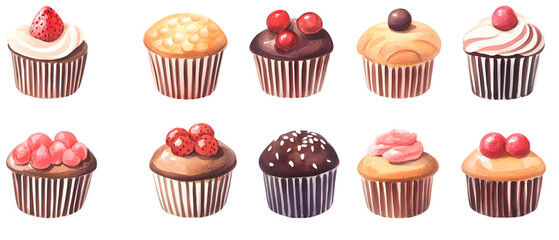 Watercolor Illustration of Assorted Cupcakes with Toppings