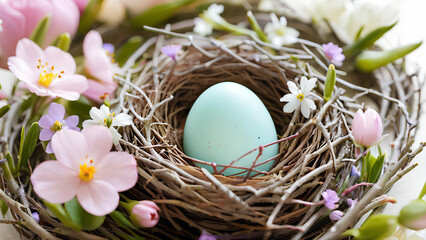 Obraz premium Osterei in einem Blumennest: Eine Nahaufnahme eines wunderschön dekorierten Eies, das in einem Nest aus Zweigen und winzigen Frühlingsblumen ruht.