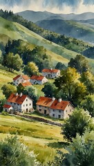 Watercolor illustration of a peaceful village with trees and hills.
