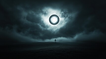 A solitary figure stands beneath a surreal, glowing ring in a dark, cloudy landscape.
