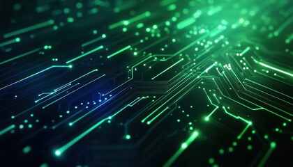 Obraz premium Blue and green abstract electronic PCB background with intricate 3D circuit paths and glowing elements The sharp lines and modern