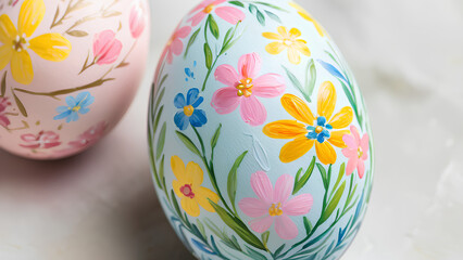 Fototapeta premium Aufwändige handgemalte Designs: Eine Nahaufnahme eines Ostereis mit zarten Blumenmustern, detaillierten Pinselstrichen und leuchtenden Frühlingsfarben wie Pastellrosa, Blau und Gelb