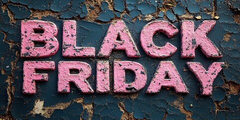 A close-up of a pink Black Friday inscription on the asphalt against a background of blurred people with colorful bags. The concept of discounts and sales