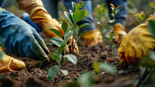 Volunteers work together to plant saplings in rich soil at a community park, celebrating the arrival of spring and the importance of environmental conservation.