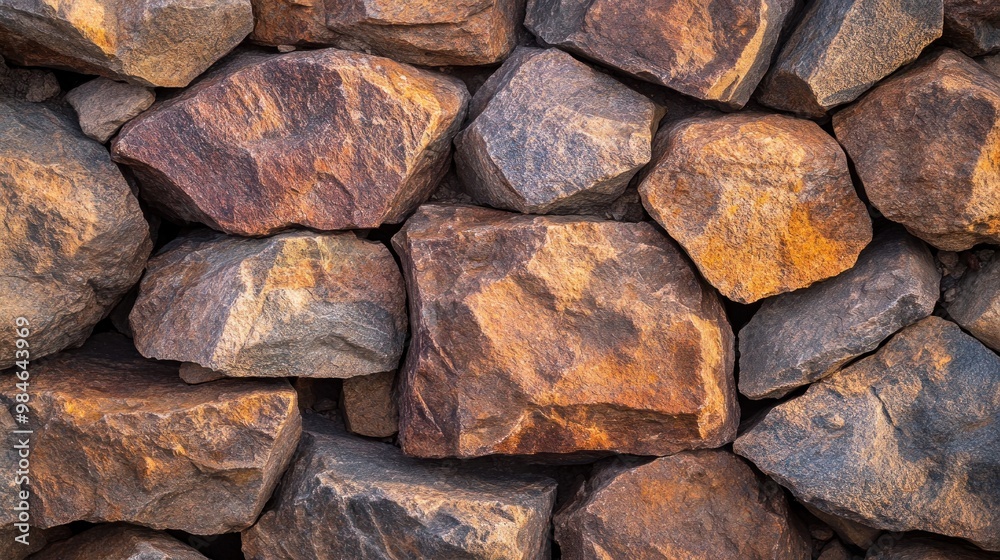 Canvas Prints A close-up view of a stone wall made of various textured rocks in earthy tones.