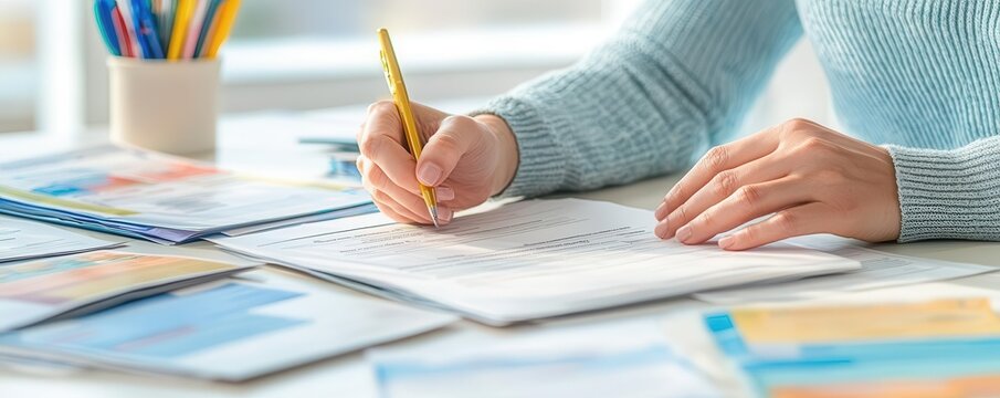 A financial aid office where an unemployed person is filling out forms for career retraining programs