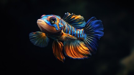 A vibrant, colorful fish showcasing intricate patterns and flowing fins in a dark background.