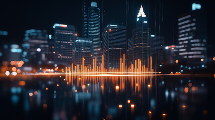 Fototapeta premium Skyscrapers Cityscape Downtown View, Nashville Skyline Buildings. Beautiful Real Estate. Night time. Forex Financial graph and chart hologram. Business education concept.