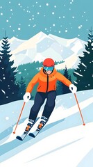 Skiing athlete on the mountain, flat design illustration with simple shapes and lines, vector graphic, simple details, simple colors, minimalistic style