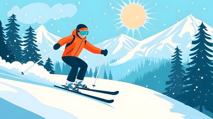 Naklejka premium Skiing athlete on the mountain, flat design illustration with simple shapes and lines, vector graphic, simple details, simple colors, minimalistic style