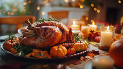 Thanksgiving Day feast with a roasted turkey centerpiece surrounded by seasonal decorations