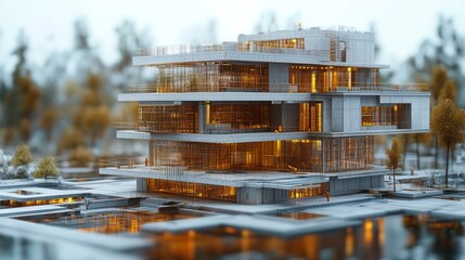 3D render of a complex construction process, showcasing layers of building structures with intricate details