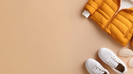 A pastel orange puffer jacket, white sweater, and stylish shoes are carefully arranged on a beige...