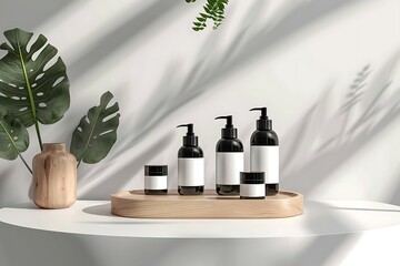 Cosmetic bottles on wooden table product presentation mokup design
