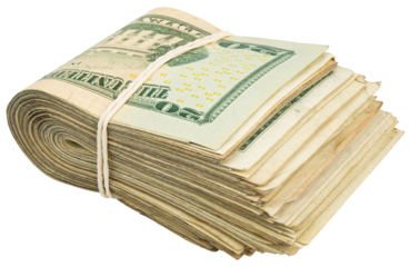 Stack of twenty American bills. Cash wad roll. Money rolled in half with rubber band. Green USA bank notes. USD banking saving 20$ bills. Paper money note. Business success. Rich. Isolated background