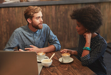 People, advice and laptop in cafe for remote work, productivity and coffee at table. Discussion, team or computer in restaurant for creativity, design process or brainstorming for project opportunity