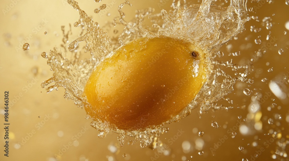 Wall mural a mango splashing into water with a golden backdrop, highlighting freshness and vibrancy.