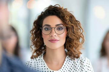 Obraz premium Portrait of a confident woman with curly hair and glasses, wearing a polka dot blouse, posing in a bright setting.