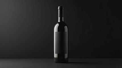 A Single Black Wine Bottle with a Blank Label on a Dark Surface