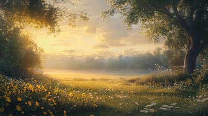 Fototapeta premium A Golden Hour Meadow with a Large Tree and Blooming Wildflowers