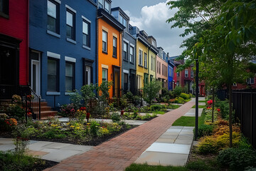 Obraz premium In the summer, a row of colored painted townhouses, houses, and homes with brick patio gardens can be seen.