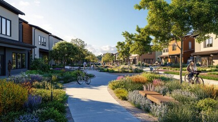 Vibrant Outdoor Shopping District with Lush Greenery and Pedestrian Paths