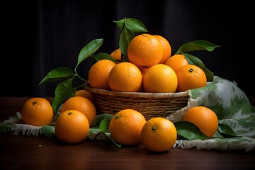 Ripe Oranges with leaves in a bowl on a wooden table