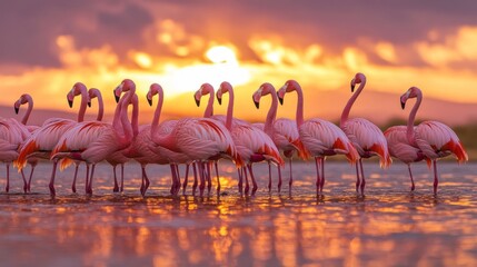 Naklejka premium A group of flamingos standing in water at sunset, showcasing vibrant colors and serene beauty.