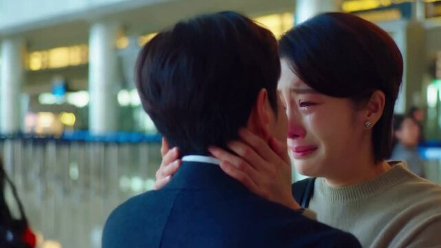 Woman Crying While Hugging a Man at an Airport