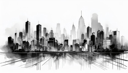 Fototapeta premium Abstract cityscape in monochrome black ink, watercolor washes. Modern buildings. Urban life.