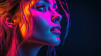 A vibrant profile of a woman illuminated by colorful neon lights.
