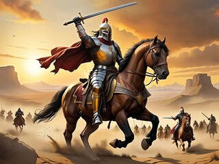 Fototapeta premium Armored Knight Charging into Battle