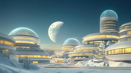 A high-tech lunar colony featuring spiral towers