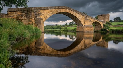 A stone arch bridge reflected in calm water under a dramatic sky.