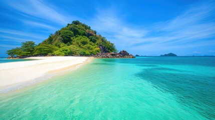 Fototapeta premium A serene tropical beach with clear turquoise waters and lush greenery.