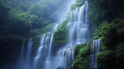 Fototapeta premium A serene waterfall cascading through lush greenery, creating a tranquil natural scene.