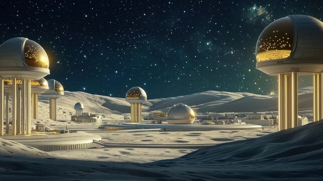 Futuristic moon base featuring floating structures anchored to the lunar surface by glowing columns, with domes reflecting the stars, Ultra HD, Photorealistic, copy space for text