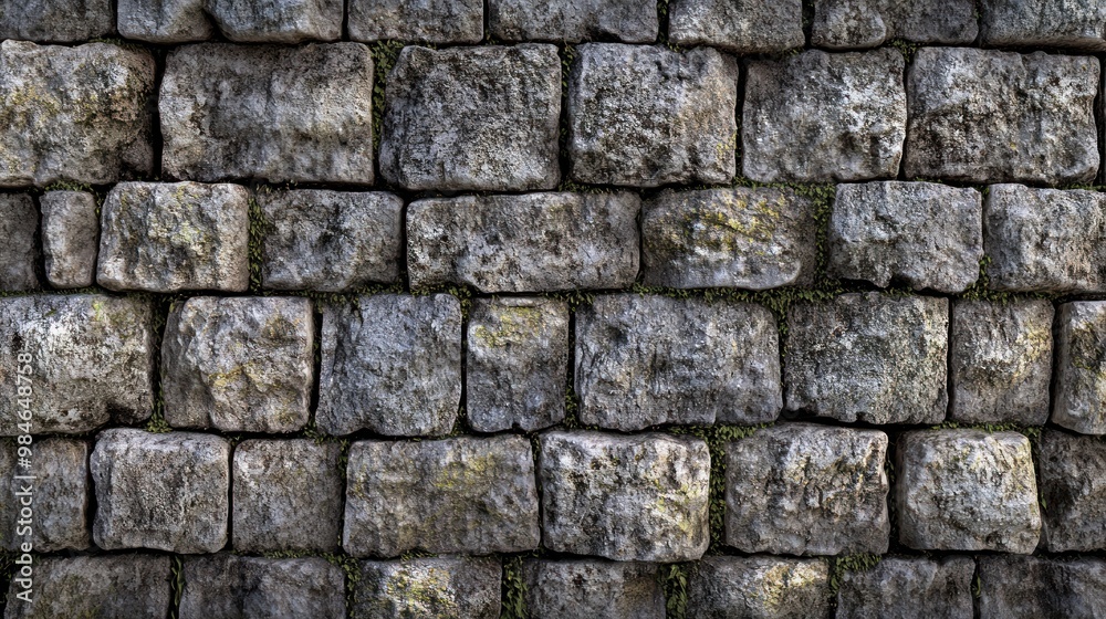 Wall mural A textured stone wall made of uneven, weathered bricks with some moss growth.