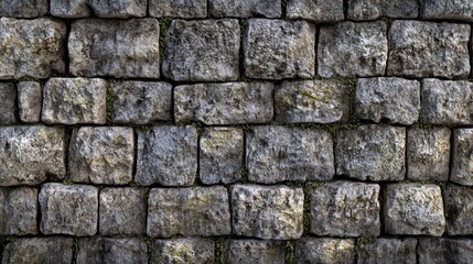 Obraz premium A textured stone wall made of uneven, weathered bricks with some moss growth.